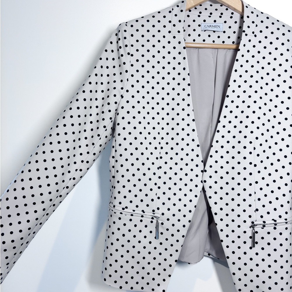 Carmen Marc Valvo White Black Polka Dot Open Front Collarless Blazer Jacket - Picture 5 of 8
